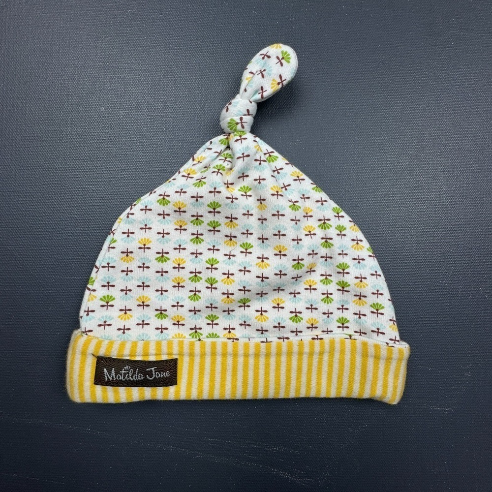 Matilda Jane Infant Beanie Hat 12-24M Knit Top Floral Striped Yellow Stretch Cap